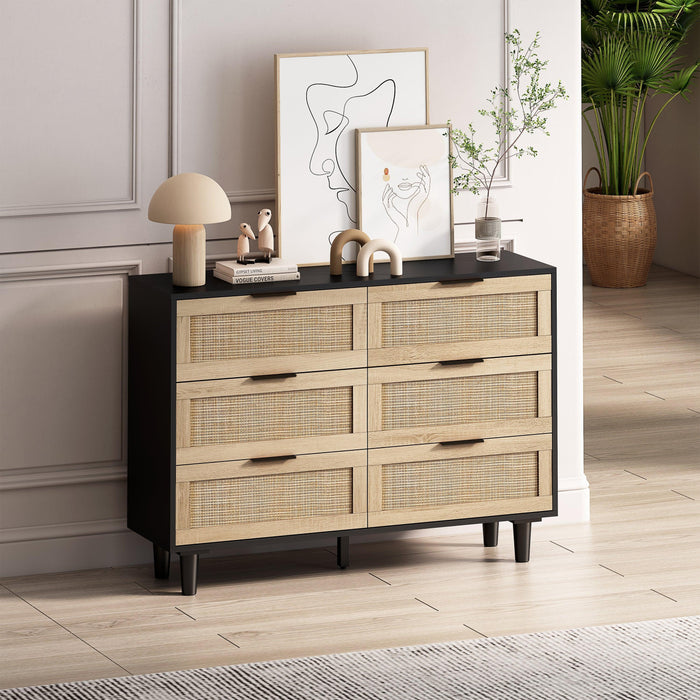 43.31"6-Drawers Rattan Storage Cabinet Rattan Drawer,for Bedroom,Living Room,Black - DTYStore