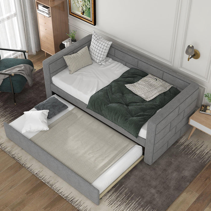 Twin Size Daybed with Trundle, Upholstered Daybed with Padded Back, Gray - DTYStore