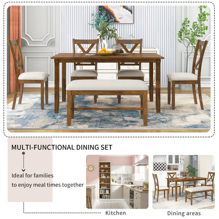 6-Piece Kitchen Dining Table Set Wooden Rectangular Table, 4 Chairs and Bench Family Furniture - DTYStore