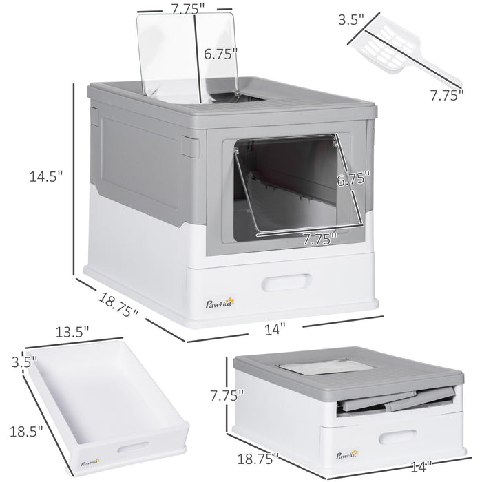 Fully Enclosed Cat Litter Box with Scoop, Hooded Cat Litter House with Drawer Type Tray, Foldable Smell Proof Cat Potty with Front Entry, Top Exit, Portable Pet Toilet with Large Space, Gray