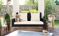 GO 2-Person Wicker Hanging Porch Swing with Chains, Cushion, Pillow, Rattan Swing Bench for Garden, Backyard, Pond. (Brown Wicker, Beige Cushion) - DTYStore
