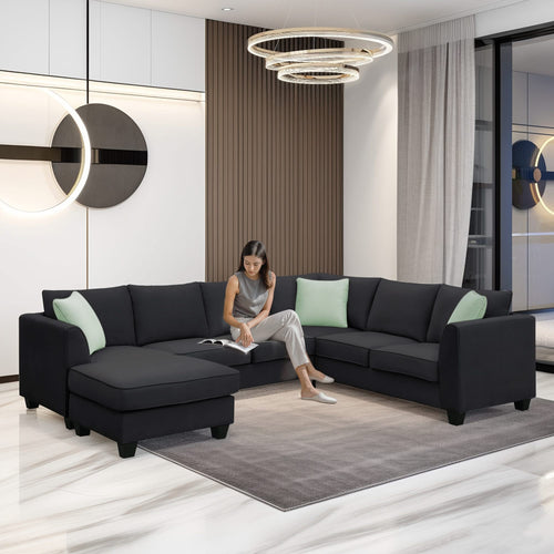 Modern Black L Shape Fabric Sectional Sofa with Ottoman and Pillows, 112*87 Inches, 7 Seats - Image 4
