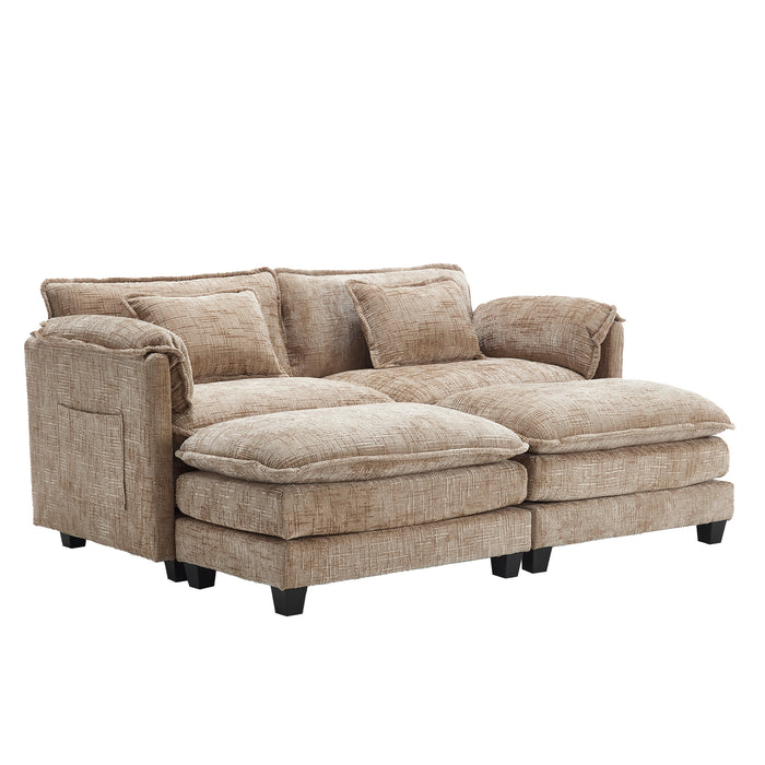UNITED WE WIN Chenille fabric, solid construction, the overall structure of the sofa is stable, detachable armrests, two foot stools and two-seat sofa with side pockets