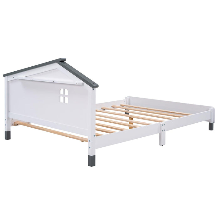 Full Size Wood Platform Bed with House-shaped Headboard (White+Gray) - DTYStore