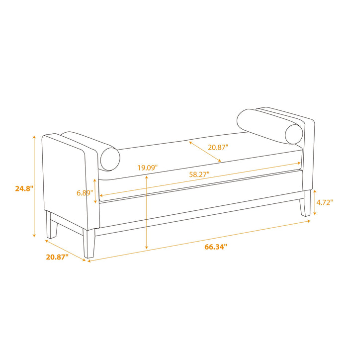 66.34"W Elegant Upholstered Bench, Daybed,Ottoman with Wood Legs & 2 Bolster Pillows for End of Bed, Bedroom, Living Room, Entryway,Gray Polyurethane(PU) - DTYStore