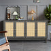 Handcrafted Premium Grain Panels,Rattan Sideboard Buffer Cabinet With 4 Rattan Doors, Modern Storage Cupboard Console Table with Adjustable Shelves for Living Room(Antique Dark Gray)