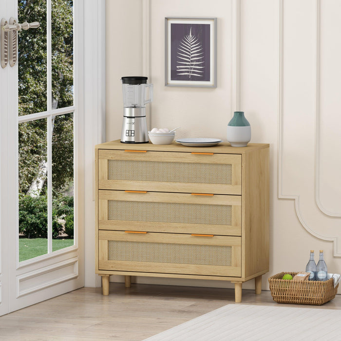 31.50"3-Drawers Rattan Storage Cabinet Rattan Drawer,for Bedroom,Living Room,Dining Room,Hallways,Oak - DTYStore