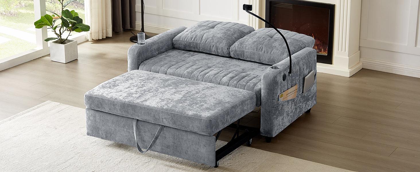53.9" Modern Loveseat Pull-out Sofa Bed with Adjustable Backrest, Two Cup Holders , a Phone Holder, Three Charging Ports and Side Storage Pockets for Living Room, Grey - DTYStore
