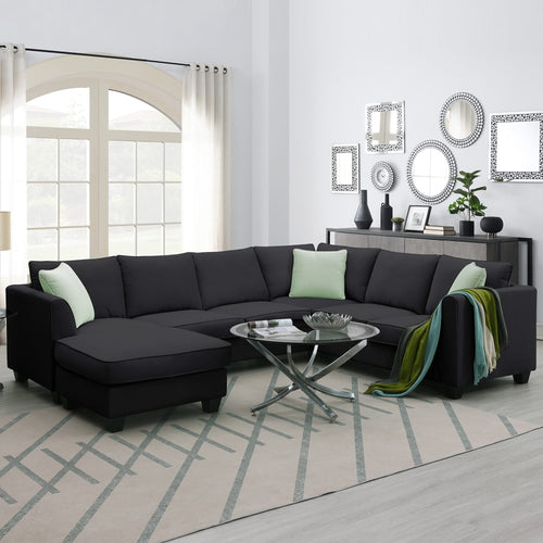 Modern Black L Shape Fabric Sectional Sofa with Ottoman and Pillows, 112*87 Inches, 7 Seats - Image 11
