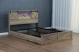 Farmhouse Bed Frame Queen Size with LED Lights and Charging Station, Wooden Queen Bed with 2 Storage Drawers, Rustic Headboard with Sliding Barn Door Storage Cabinets - DTYStore
