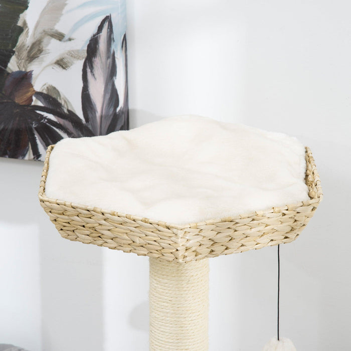 47" Cat Tree Kitty Activity Center, Cat Climbing Toy with Cattail Fluff, Bed, Condo, Sisal Scratching Post, and Hanging Ball, Natural - DTYStore