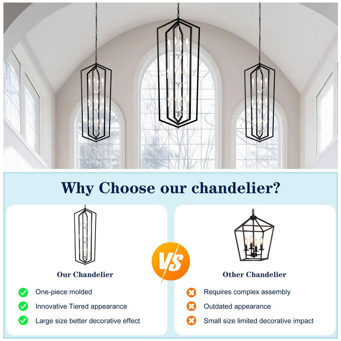 12-Light Farmhouse Kitchen Chandeliers, Matte Black and Sliver Vintage Rustic Cage Light Fixture Adjustable Height Chandeliers for Dining Room Hallway Foyer Entryway(E12 Bulbs Not Included)