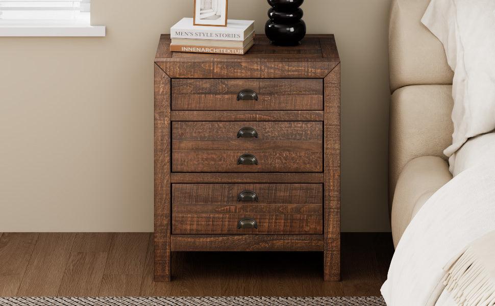 Rustic Farmhouse Style Three-Drawer Solid Pine Wood Nightstand with Cup Pulls and Integrated Charge Station - DTYStore