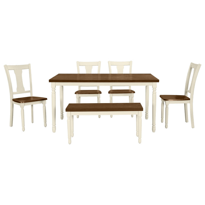Classic 6-Piece Dining Set Wooden Table and 4 Chairs with Bench for Kitchen Dining Room (Brown+Cottage White) - DTYStore