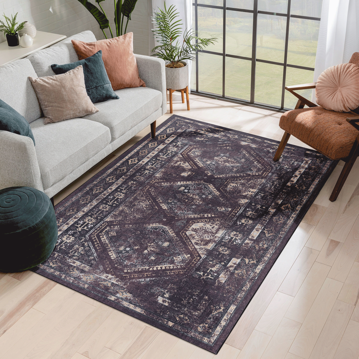 DTY Signature Area Rug 5x8, Washable Rug, Low-Pile, Non-Slip, Non-Shedding, Foldable, Kid & Pet Friendly - Area Rugs for living room, bedroom, kitchen (Burgundy/Black, 5' x 8') - DTYStore