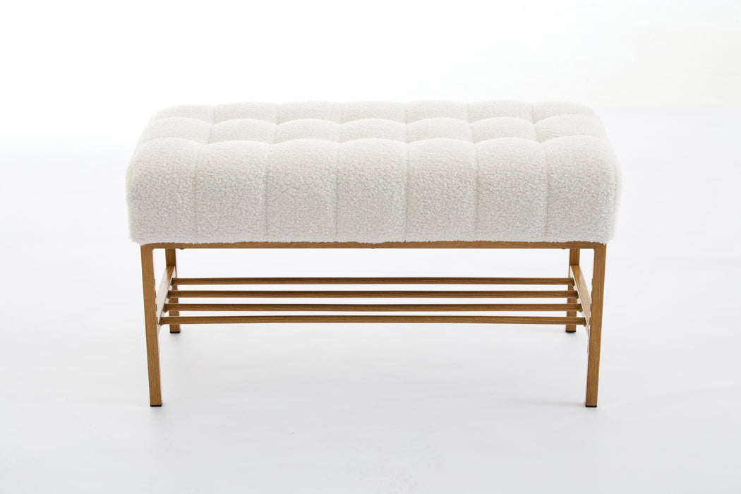 End of Bed Bench with Shelf, Teddy fabric Upholstered Storage Shoe Bench, Modern Bedroom Bench with Metal Legs for Living Room, Entryway, Dining Room, 300 LB, Linen Color(White)
