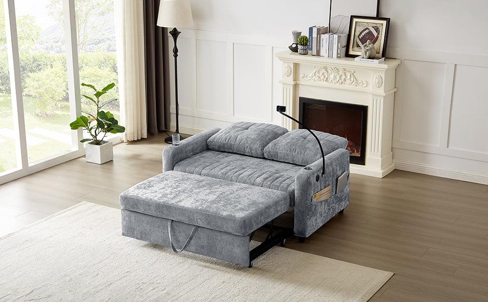 53.9" Modern Loveseat Pull-out Sofa Bed with Adjustable Backrest, Two Cup Holders , a Phone Holder, Three Charging Ports and Side Storage Pockets for Living Room, Grey - DTYStore