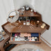 Corner Makeup Vanity Desk With Mirror & LED Lights, Modern Vanity Set With Mirror And Stool, Dressing Table With Large Storage For Small Place, Brightness Adjustable Folding Mirror, Walnut - DTYStore
