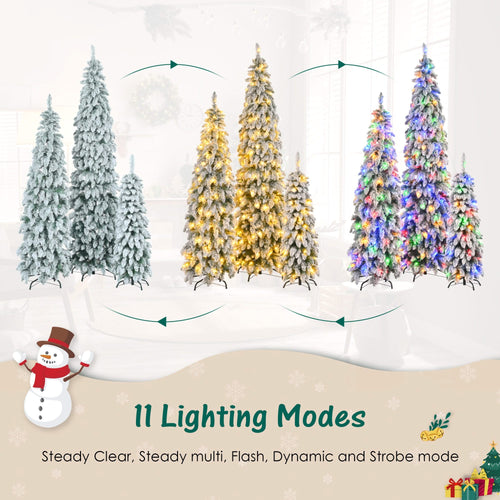 8FT, 6FT, 4FT Pre-Lit Pencil Christmas Trees, 3-set Slim Artificial Christmas Tree With Snow Flocking, Xmas Holiday Decoration Tree, 1455 Branch Tips, 520 LED Lights, 11 Lighting Modes - Image 5