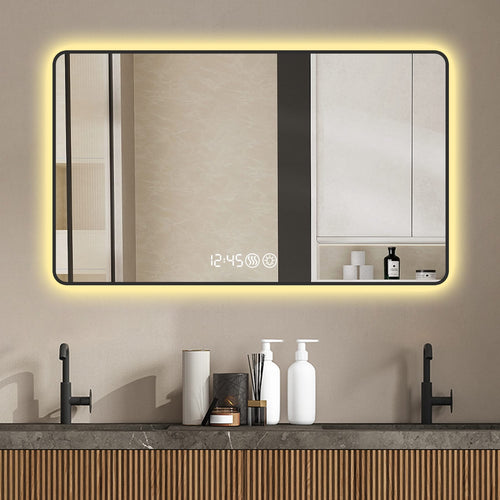 Modern Black Aluminum Frame Wall Mirror with Rounded Corners, Temperature Display, Tri-Color Light, Defogging - Image 4