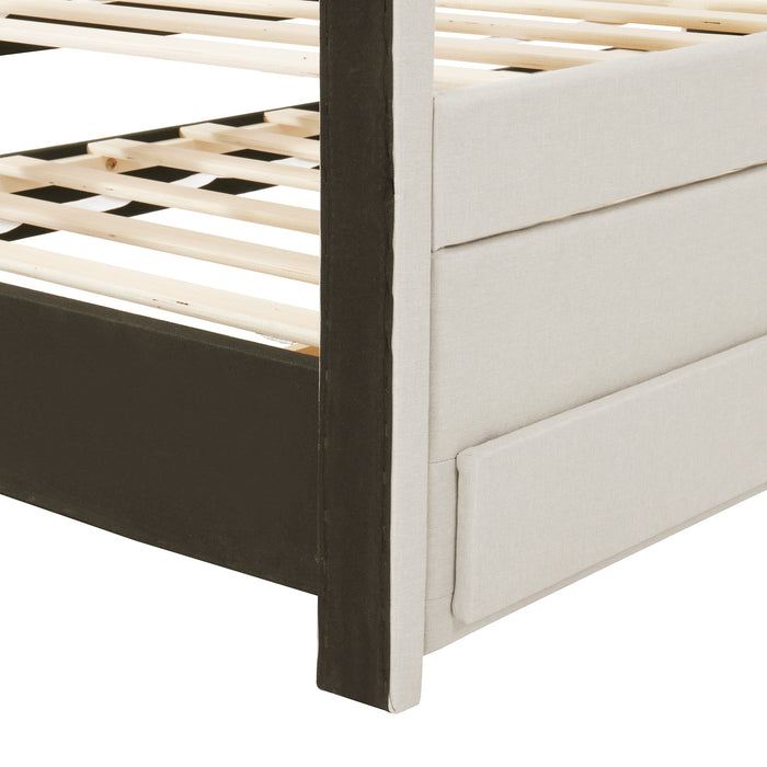 Full Size Upholstered Platform Bed with Twin Size Trundle and 3 Drawers, Linen Fabric, Beige