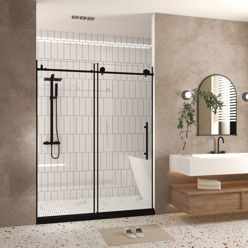 Frameless shower door 56-60 'W x 76' H, 1/4 '(6 mm) Clear Tempered Glass, Explosion Proof Film, Stainless Steel Handle, Matte Black - Image 11