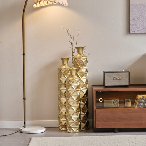 Metal Decorative Vase High Distress Metal Center Vase With 3D Triangle Pattern, Set Of 3 Vases for Home Decoration 33.5', 29.5', 25.2'High, Gold - Image 5