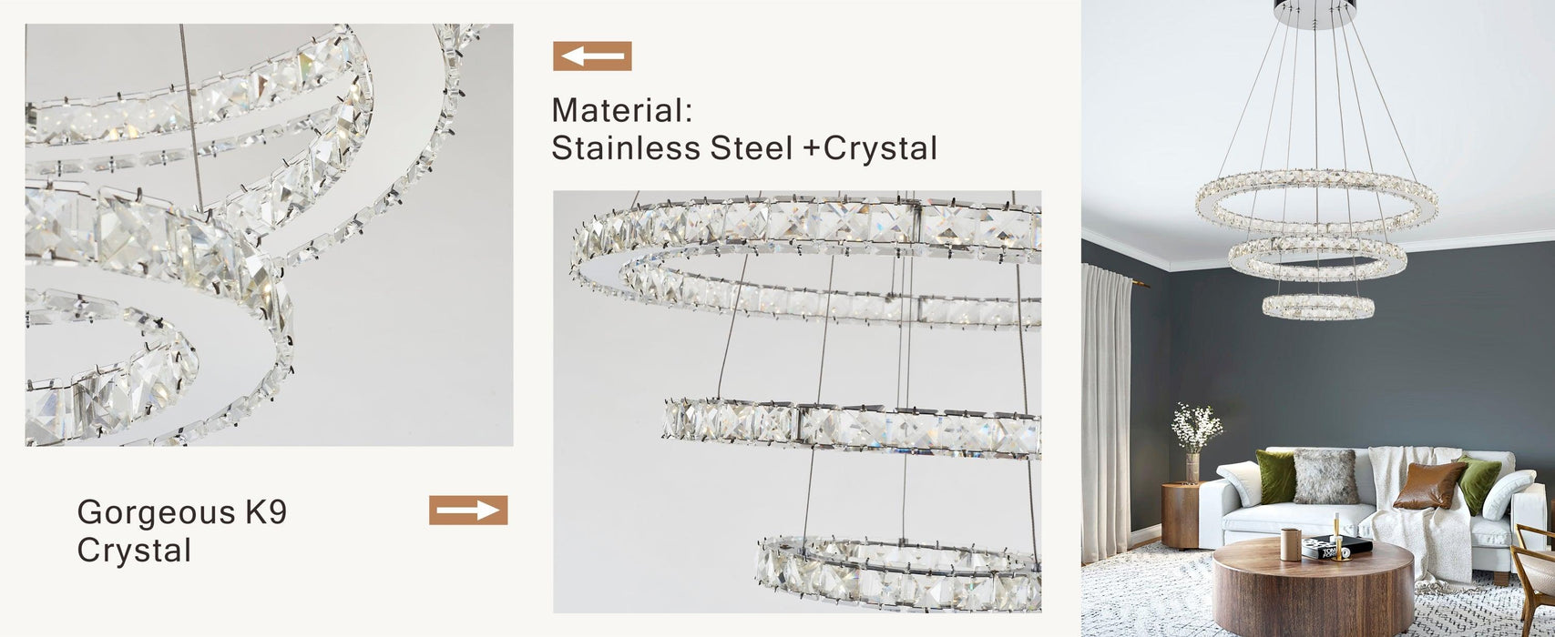 3-Layers Round Ring Chandelier, Iron Stainless Steel Crystal Chrome Color 4000K Natural White Lighting Fixtures, 60w LED Pendant Light For Living Room Dining Room