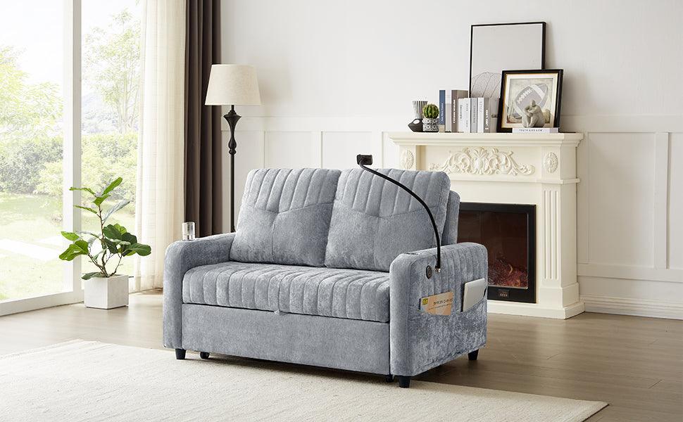 53.9" Modern Loveseat Pull-out Sofa Bed with Adjustable Backrest, Two Cup Holders , a Phone Holder, Three Charging Ports and Side Storage Pockets for Living Room, Grey - DTYStore