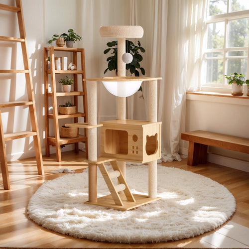 48.8' Modern Cat Tower, Wood Cat Tree Tower for Indoor Cats, Cat Tree with Sisal-Covered Scratching Posts and Top Perch, Cat Condo with Acrylic Hammock for Small Large Cats - Image 2