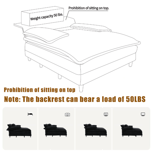 [NEW ARRIVED] [VIDEO PROVIDED] 54.75' W Oversized Chaise Lounge Chair,Fluffy cushioned sofa bed,Deep Seat,Corduroy,2 Pillows,4 gears can be adjusted,Leisure Sleeper Sofa Chair for Living Room, Black - Image 5