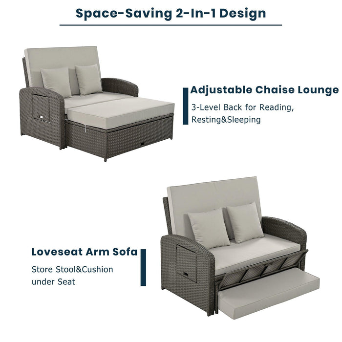 PE Wicker Rattan Double Chaise Lounge, 2-Person Reclining Daybed with Cushions and Cover