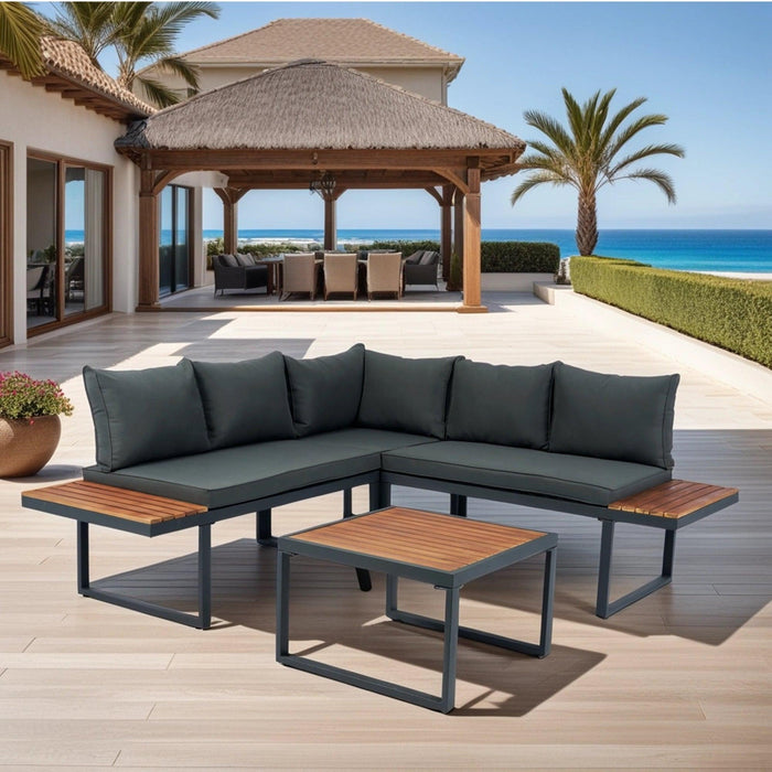 4 Piece L-Shaped Patio Wicker Outdoor 5-Seater Sectional Sofa Seating Group Conversation Sets with Side Table & Dark Grey Cushions - DTYStore