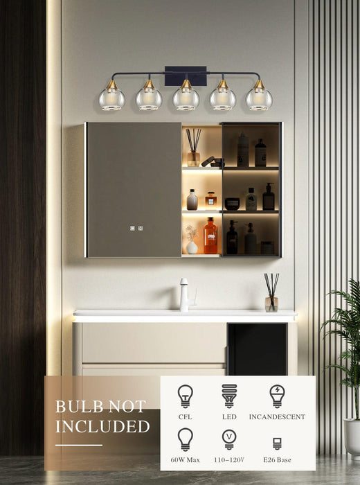 5-Lights Matte Black Antique Brass Color Iron Glass E26 Bulb Bedroom Wall-Mounted Lighting Fixtures Bathroom Vanity Light