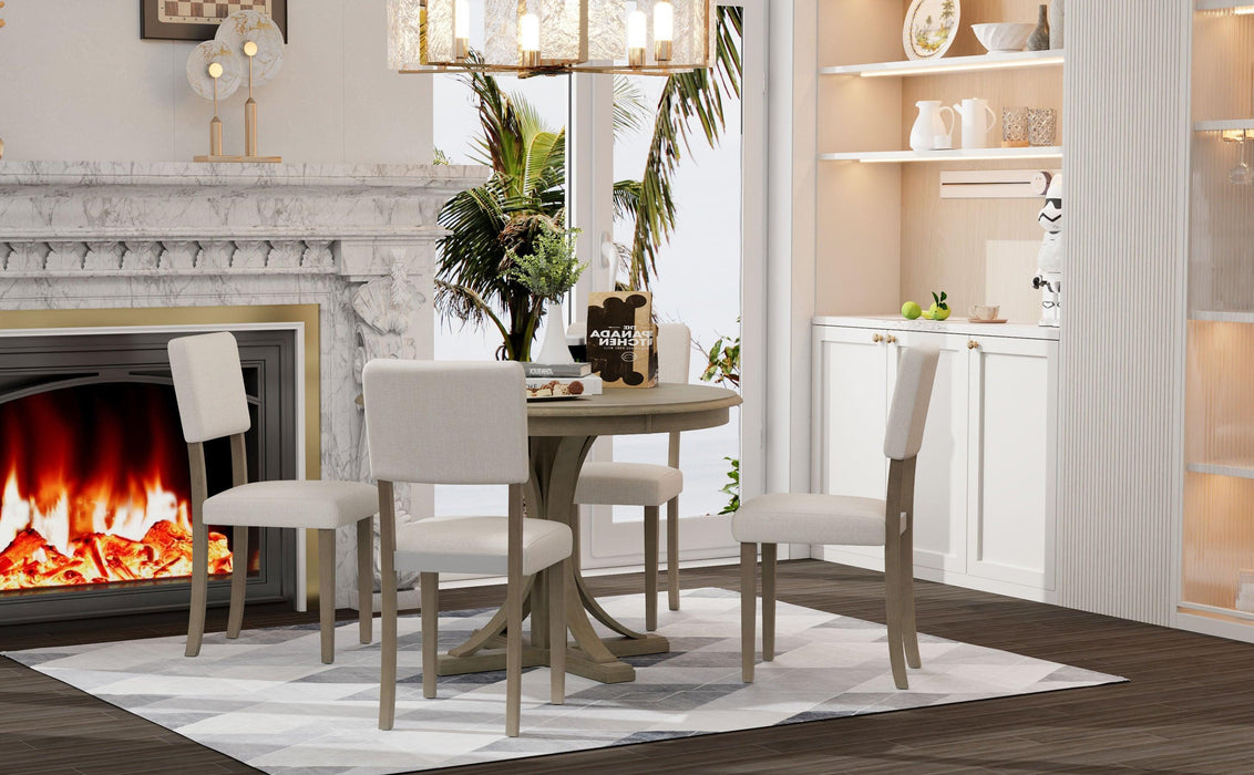 5-Piece Retro Round Dining Table Set with Curved Trestle Style Table Legs and 4 Upholstered Chairs for Dining Room - DTYStore