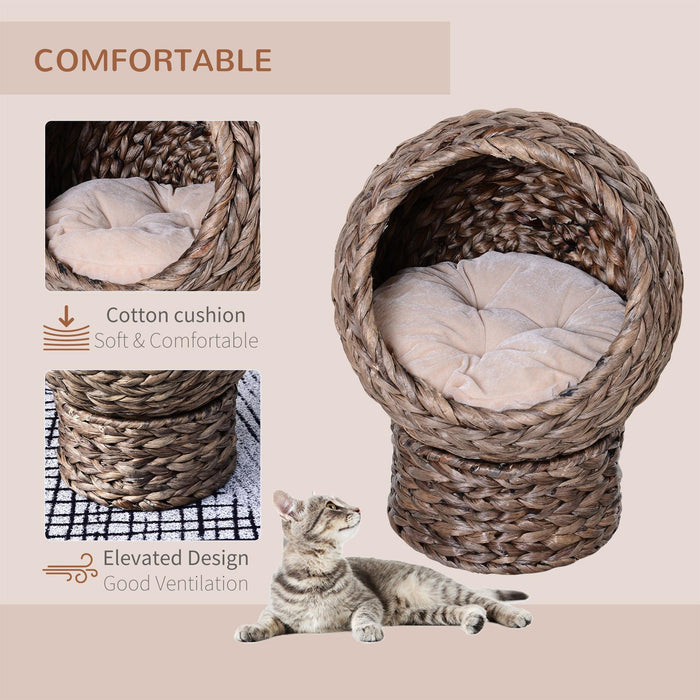 Handwoven Elevated Cat Bed with Soft Cushion & Cat Egg Chair Shape, Cat Basket Bed Kitty House with Stand, Raised Wicker Cat Bed for Indoor Cats, 23.5" H, Gray - DTYStore
