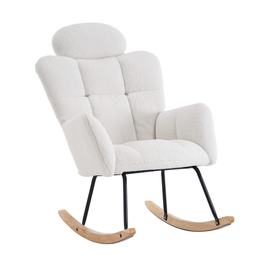 Modern Ivory Teddy Fabric Upholstered Nursery Rocking Glider Chair with Padded Seat and High Backrest