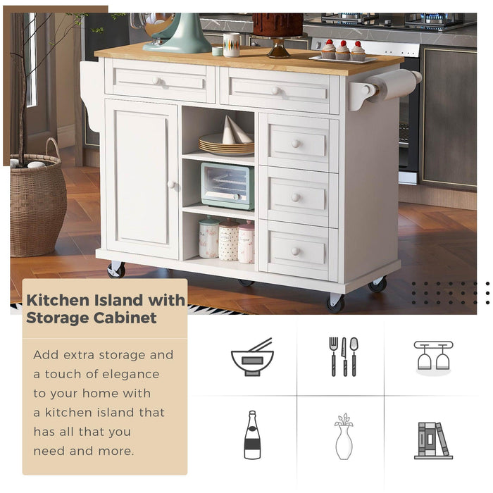 Kitchen cart with Rubber wood desktop rolling mobile kitchen island with storage and 5 draws 53 Inch length(White) - DTYStore