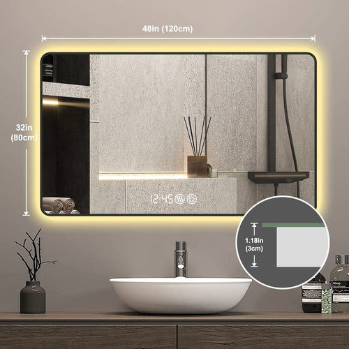 Modern Black Aluminum Frame Wall Mirror with Rounded Corners, Temperature Display, Tri-Color Light, Defogging - Image 6