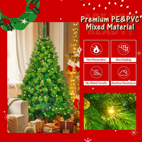 6FT Grass Green Christmas Tree, Large Branches Pine Tree, Pre-Lit Set with Tree & Garland & Wreath, Artificial Christmas with Pine Cones, Hinged Xmas Tree , for Holiday Party Ofiice Home - Image 6