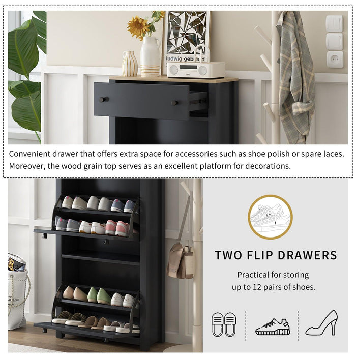 Functional Entryway Organizer with 2 Flip Drawers, Wood Grain Pattern Top Shoe Cabinet with Drawer, Free Standing Shoe Rack with Adjustable Panel for Hallway, Black - DTYStore