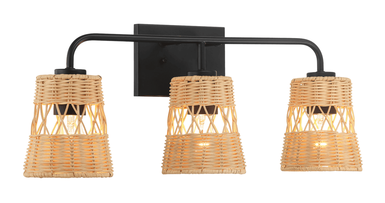 Moonlit Three Lights Wall Sconce With Rattan Shade, Bathroom Lighting Fixtures Over Mirror - DTYStore