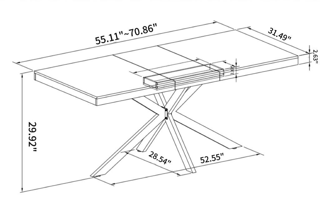 55.11" -70.86"Retro Rectangular Stretch Dining Table, Antique Wood Top And Black Relief Plate, Black Fine Sand Cross Iron Foot Base Dining Table, With Storage Box. - DTYStore
