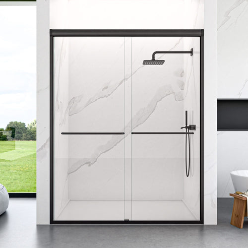 Modern Semi-Frameless Double Sliding Shower Door with Matte Black Finish, 1/4' SGCC Tempered Glass, 56'-60'W x 72'H - Image 2