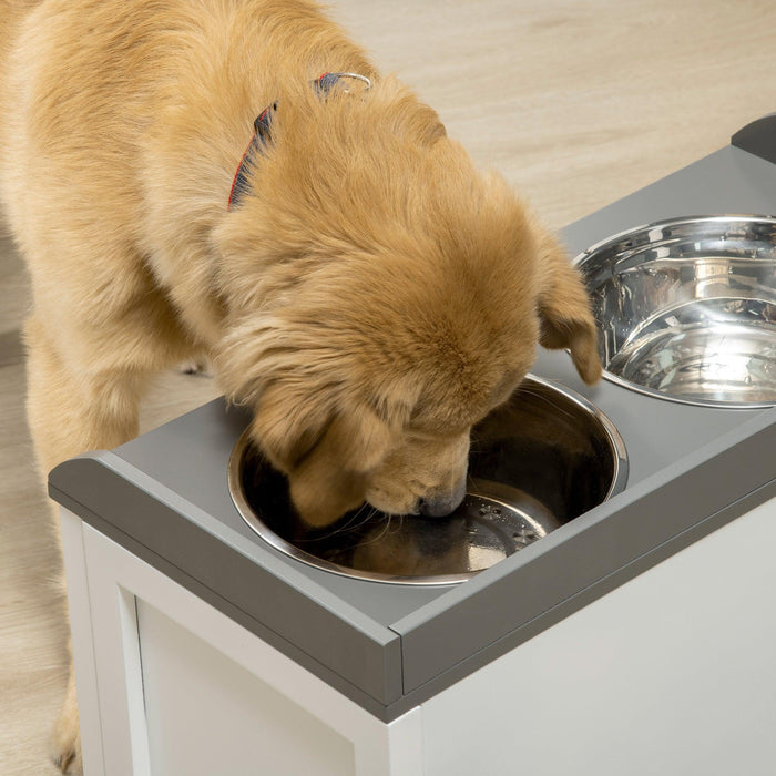 Dog Feeding Station with Storage Drawer, Dog Food Storage Cabinet with 2 Removable Elevated Dog Bowls for Large Sized Dogs, White - DTYStore