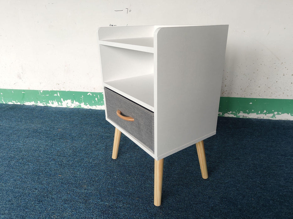 Nightstand With Collapsible Fabric Drawer, 2-Tier Storage End Table, Wood Side Table with Storage Cabinet for Kids, Adults - White