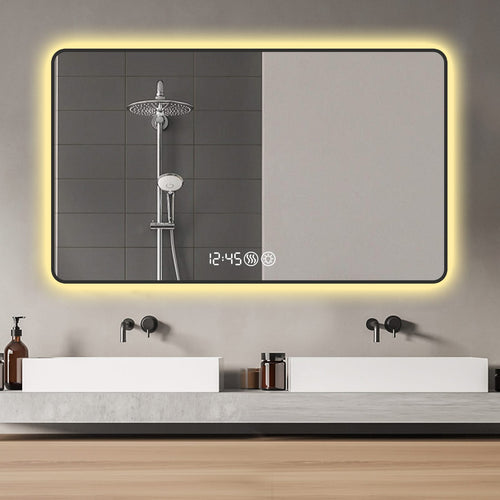 Modern Black Aluminum Frame Wall Mirror with Rounded Corners, Temperature Display, Tri-Color Light, Defogging - Image 5