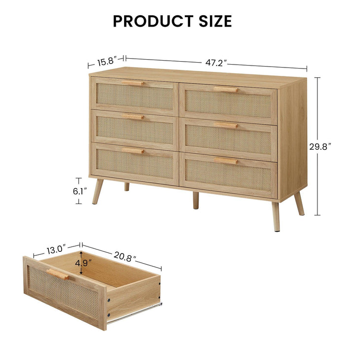 Bedroom dresser, 6 Double Dresser with rattan drawers, wood chest of drawers for kids room, living room, entry and hallway, Natural, 47.2'' W x 15.8'' D x 30'' H. - DTYStore