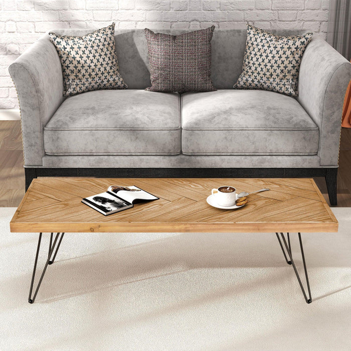 Modern Coffee Table, Easy Assembly Tea Table, Cocktail Table with w/Chevron Pattern & Metal Hairpin Legs for Living Room, Ash Wood Finished - DTYStore
