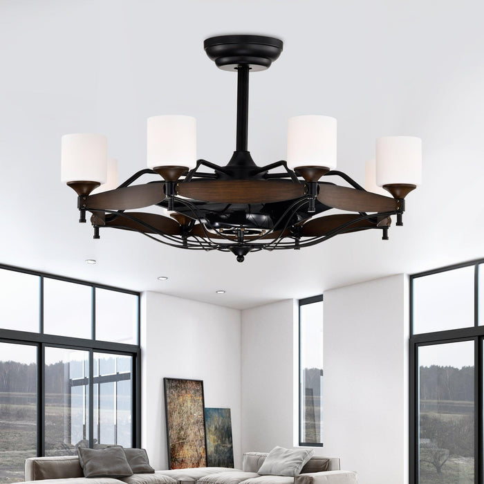 Dia 33 inch Chandelier Ceiling Fan With Remote Control,DC Motor ,6 Speed,3 ABS Blades for Bedroom Dining Room Living Room Kitchen Farmhouse Entry,Matte Black+ Red Wood Grain
